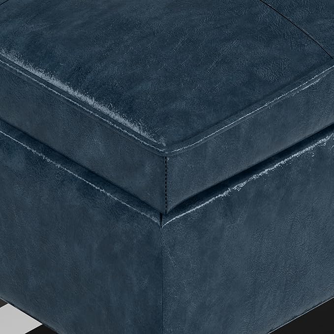 SIMPLIHOME Cosmopolitan 44 inch Wide Transitional Rectangle Storage Ottoman Bench with Open Bottom in Denim Blue Vegan Faux Leather, Assembled for the Living Room and Bedroom