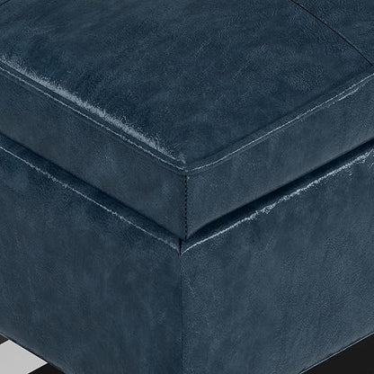 SIMPLIHOME Cosmopolitan 44 inch Wide Transitional Rectangle Storage Ottoman Bench with Open Bottom in Denim Blue Vegan Faux Leather, Assembled for the Living Room and Bedroom