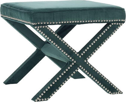 SAFAVIEH Home Collection Palmer Marine with Silver Nailhead Trim X-Bench Ottoman Foot Stool, Fully Assembled (MCR4589U)