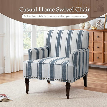 Pia Ricco Stripe Accent Chairs 2 Pack - Modern Nailhead Trim Armchairs with Wood Legs, Comfy Living Room Bedroom Home Office Seating-Blue