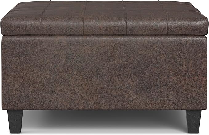 SIMPLIHOME Harrison 30 inch Wide Transitional Square Small Coffee Table Storage Ottoman in Distressed Brown Vegan Faux Leather, Assembled, for The Living Room and Bedroom