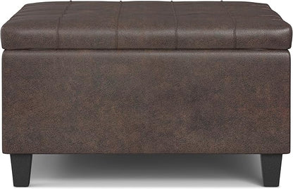 SIMPLIHOME Harrison 30 inch Wide Transitional Square Small Coffee Table Storage Ottoman in Distressed Brown Vegan Faux Leather, Assembled, for The Living Room and Bedroom