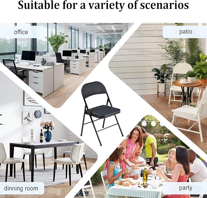 4 Pack Black Folding Chairs with Padded Cushion and Back, Portable Heavy Duty Metal Frame Commercial Seat with 330-LBS Capacity, Foldable Indoor Outdoor Chairs for Office Party Events Kitchen Dinning