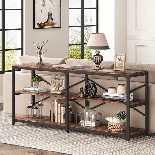 Tribesigns 70.9 Inch Extra Long Console Table, Modern Sofa Table Behind Couch Table with Storage Shelves, 3-Tier Industrial Hallway Entryway Table for Living Room, 3 Shelf Bookshelf(Brown)