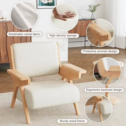 Mid Century Modern Accent Chair, Fabric Upholstered Lounge Arm Chair with Solid Wood Frame for Living Room, Bedroom, Office, Reading Corner (White, Single Chair)