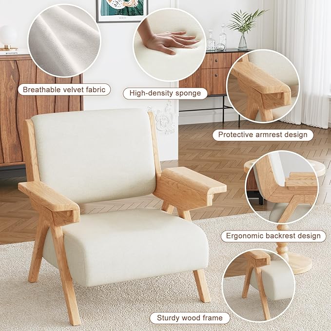 Mid Century Modern Accent Chair Set of 2, Fabric Upholstered Lounge Arm Chairs with Solid Wood Frame for Living Room, Bedroom, Office, Reading Corner(White)