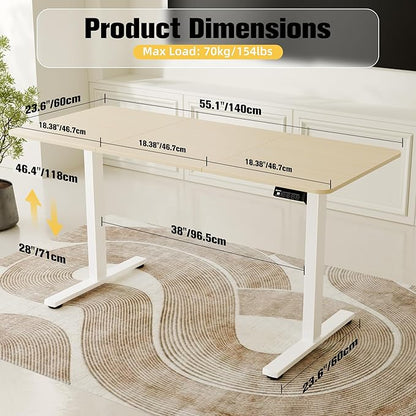 ERGOMAKER Electric Standing Desk, 55" x 23.6" Height Adjustable Sit Stand Desk with Splice Board for Home Office, Computer Desk Memory Preset (White Frame, Gold Oak Desktop)