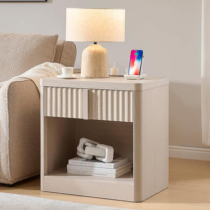 Fluted Nightstand Set of 2 with Charging Station, 23.6" End Table with Open Shelf and Drawers Storage, Bedside Table with Solid Wood Handle, Curved Profile Design, Night Stand for Bedroom