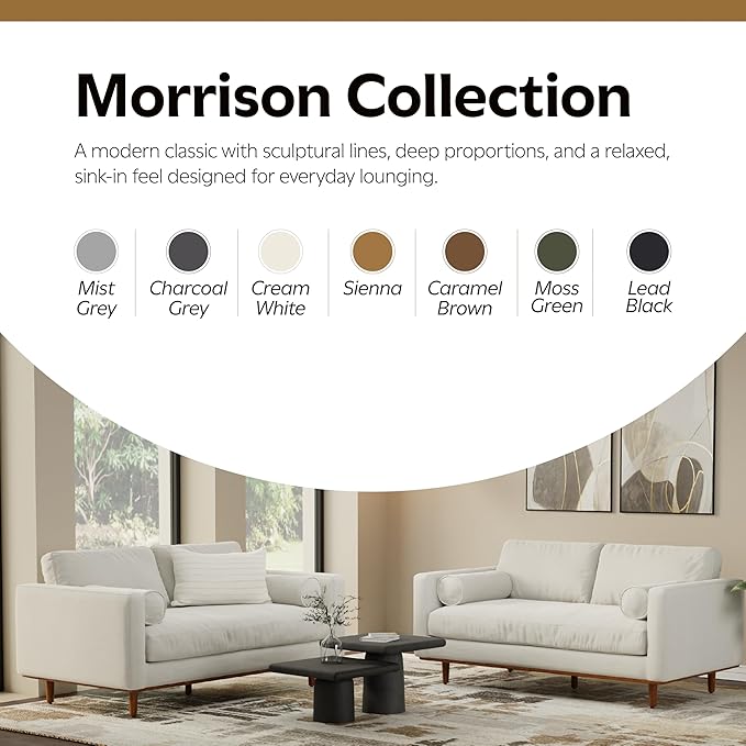 SIMPLIHOME Morrison 72-inch Wide Sofa in Cream White Woven-Blend Fabric, Handcrafted Mid-Century Modern Loveseat for Living Room or Family Room, Single Bench Cushion, Bolster Pillows