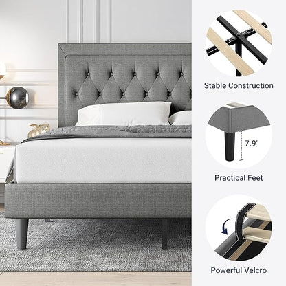 Allewie King Size Upholstered Platform Bed Frame with Adjustable Headboard, Button Tufted, Wood Slat Support, Easy Assembly, Light Gray