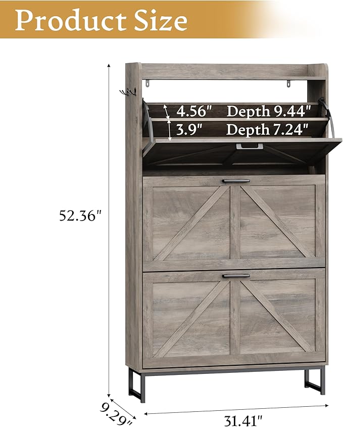 Shoe Cabinet Storage for Entryway, Shoe Storage Cabinet with 3 Flip Drawers, Freestanding Narrow Shoe Rack Organizer with Metal Legs & Side Hook for Foyer, Hallway, Grey