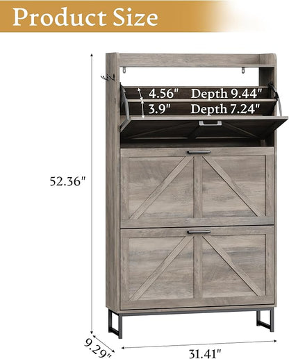 Shoe Cabinet Storage for Entryway, Shoe Storage Cabinet with 3 Flip Drawers, Freestanding Narrow Shoe Rack Organizer with Metal Legs & Side Hook for Foyer, Hallway, Grey
