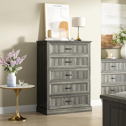 CARPETNAL Farmhouse 5 Drawers Dresser for Bedroom, 44" Tall Grey Dresser Wood Rustic Chest of Drawers with Wide Metal Handle,Natural Texture,Drawer Organizer for Bedroom,Living Room,Hallway