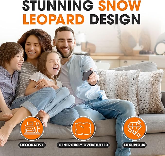 Cheer Collection Embossed Faux Fur Throw Pillows - Set of 2 Lumbar Couch Pillows, 20" x 20" - Snow Leopard