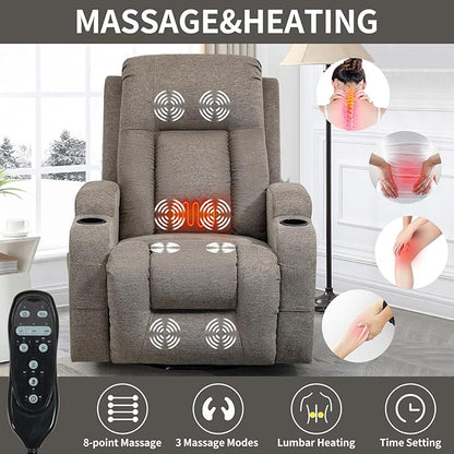 PELUMY Manual Lift Recliner Chair for Elderly with Massage & Heat, Oversized Heavy Duty 350 lbs Recliner with Cup Holders & USB Ports, Infinite Positioning Lift Chair for Adults (Linen Fabric, Brown)