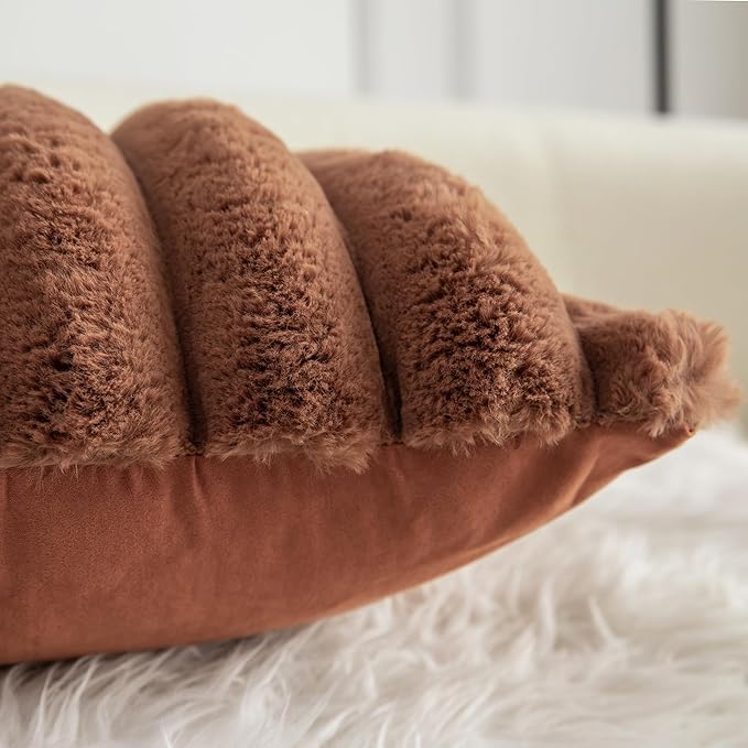 Neelvin Brown Faux Fur Cozy Soft Stripe Decorative Throw Pillow Covers 18x18 inch Set of 2,Velvet Pillowcase Cushion Case for Sofa Couch