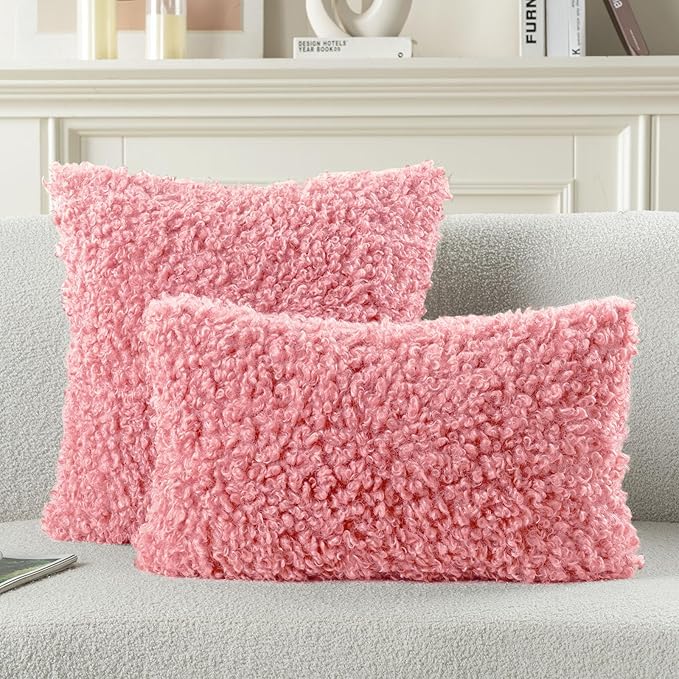 FUTEI Pink Decorative Throw Pillow Covers 26x26 Inch Set of 2,Soft Fluffy Faux Wool Fur Boucle Textured Pillow Shams,Modern Home Decor for Couch Bed Living Room Office