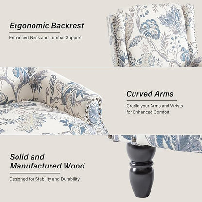 Accent Chair, Upholstered High Back Floral Armchair with Nailhead Trim & Wood Legs, Comfy Wingback Reading Single Sofa Chair for Small Spaces, Living Room, Bedroom