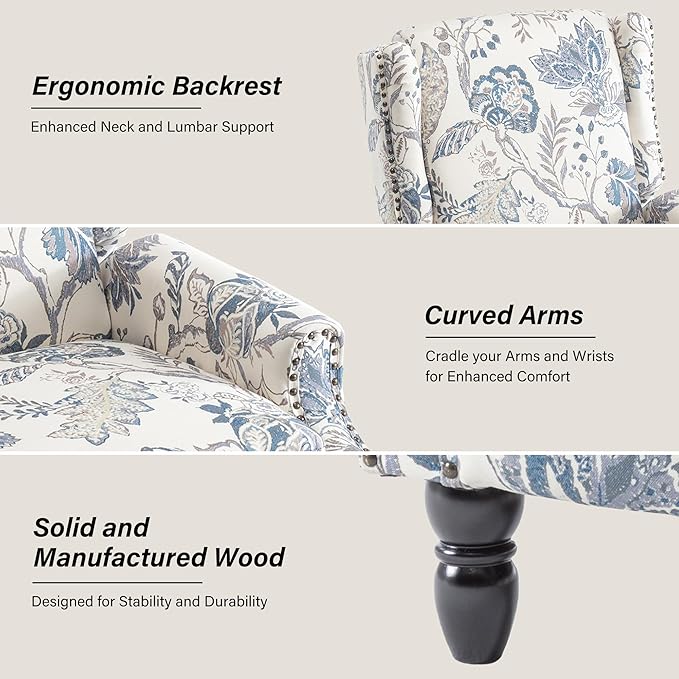 Recliner Chair, Upholstered Wingback Floral Pushback Armchair with Adjustable Backrest & Footrest, Comfy Accent Chair Reading Single Sofa for Small Spaces, Living Room, Bedroom (Plants Blue, Set of 1)