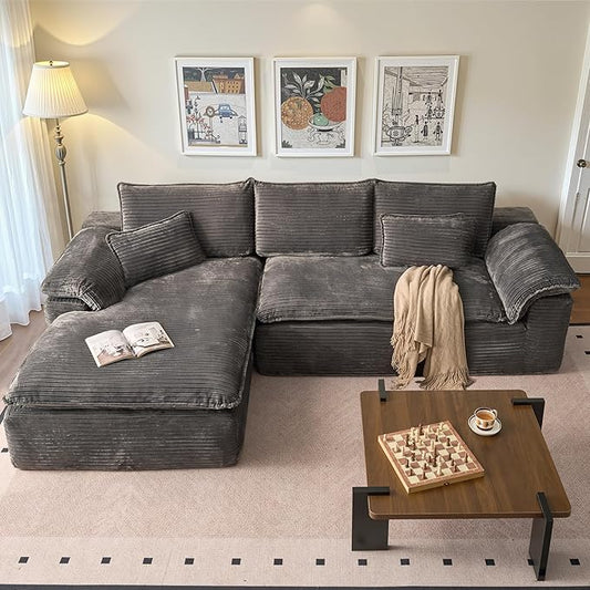 113 in Oversized Cloud Sofa with L Shape Chaise, Sectional Couches for Living Room, Assembly Free Modular Comfy Corduroy Sofa with Left Facing Chaise Longue for Home Apartment (Left Chaise, Gray)