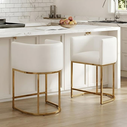 PU Leather Bar Stools Set of 2, Modern Upholstered Counter Height Bar stools 24" Leather Barstools Barrel Kitchen Counter Island Stools with Golden Metal Base, White