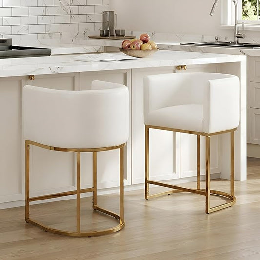 PU Leather Bar Stools Set of 2, Modern Upholstered Counter Height Bar stools 24" Leather Barstools Barrel Kitchen Counter Island Stools with Golden Metal Base, White