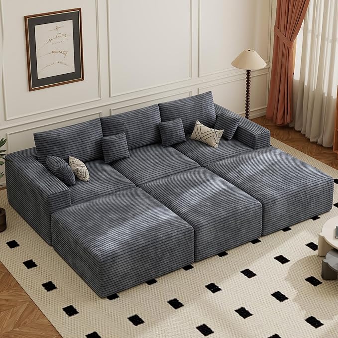 113" Modular Sectional Sofa Bed, Convertible Cloud Couches for Living Room with Ottoman, 6 Seater Corduroy Boneless Couch Sleeper Sofa Set, No Assembly Required, Grey 1 PCS