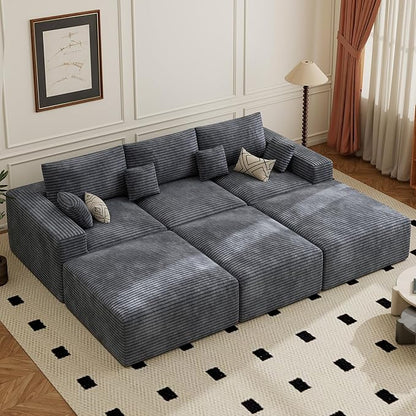 113" Modular Sectional Sofa Bed, Convertible Cloud Couches for Living Room with Ottoman, 6 Seater Corduroy Boneless Couch Sleeper Sofa Set, No Assembly Required, Grey 1 PCS