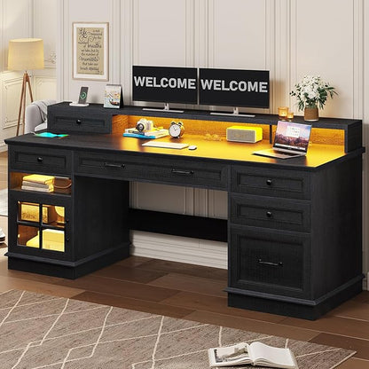 BTHFST 59.1" Executive Desk with File Drawer, Home Office Desk with Charging Station & LED Lights, Computer Desk with Drawers & Storage Cabinet, Executive Office Desk with Monitor Stand, Black