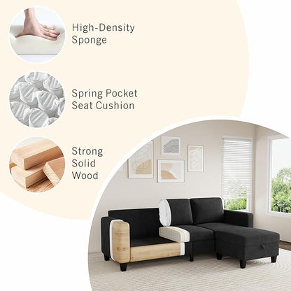 Sectional Sofa and Couches for Living Room, 78'' Black 3 Seat L-Shaped Couch with Movable Ottoman, Comfy Velvet Convertible Sectionals Sofas with Chaise for Apartment, Office, Small Space