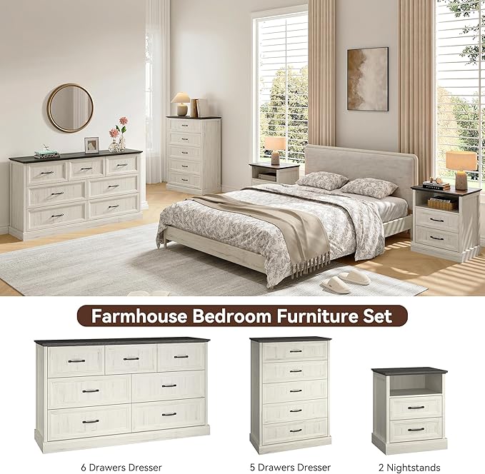 Farmhouse Dresser and Nightstand Sets, 4Pcs Bedroom Furniture Set, Nightstand Set of 2 & 55" Wide 7 Drawer and 44" Tall 5 Drawer Dresser with Large Drawers & Bar Handles, White
