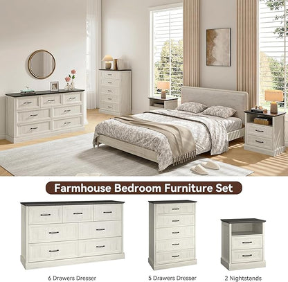 Farmhouse Dresser and Nightstand Sets, 4Pcs Bedroom Furniture Set, Nightstand Set of 2 & 55" Wide 7 Drawer and 44" Tall 5 Drawer Dresser with Large Drawers & Bar Handles, White
