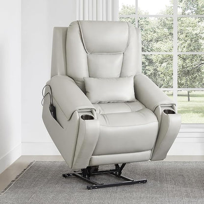 CHITA Electric Power Lift Recliner Chair for Elderly with Massage and Heat, Large Lay Flat Genuine Leather Recliner Chair with Cup Holders, USB Ports, Power Headrest, Independent Backrest, Light Gray