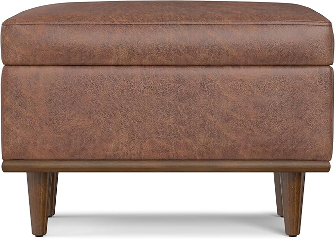 SIMPLIHOME Shiloh 26 inch Wide Transitional Contemporary Small Storage Ottoman in Distressed Saddle Brown Vegan Faux Leather, Assembled, for The Living Room, Entryway and Family Room