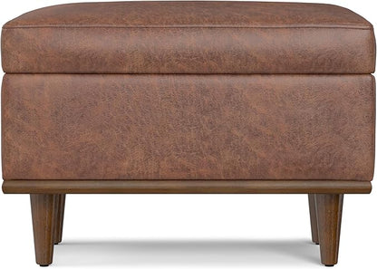 SIMPLIHOME Shiloh 26 inch Wide Transitional Contemporary Small Storage Ottoman in Distressed Saddle Brown Vegan Faux Leather, Assembled, for The Living Room, Entryway and Family Room