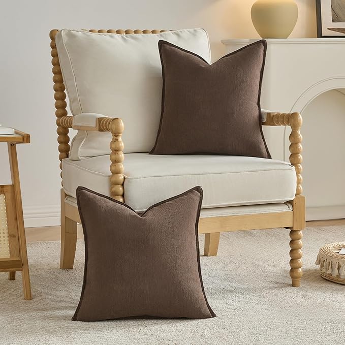 FUTEI Dark Coffee Chenille Throw Pillow Covers 16x16 Inch Set of 2,Edges Double-Stitched Cushion Cases,Modern Home Decor for Couch Living Room