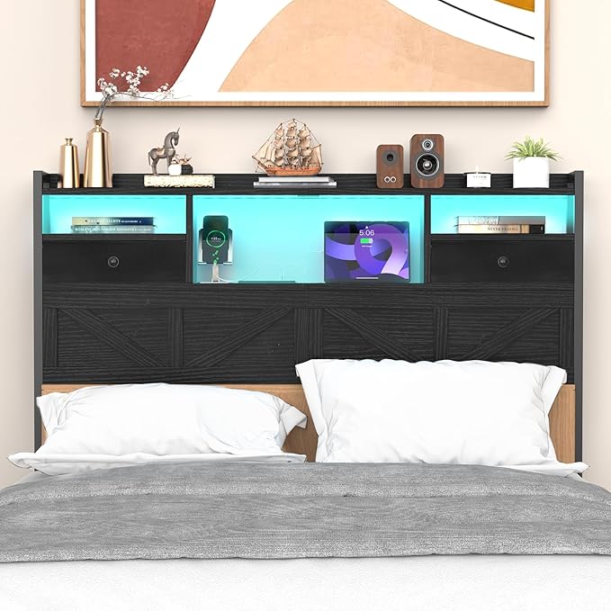 Queen Size Headboard with Drawers, Outlets & USB Ports,Sturdy Wood Bed Frame with Adjustable Height, Built-in LED Lighting (Black, Queen 59 * 7.08 * 45.7)