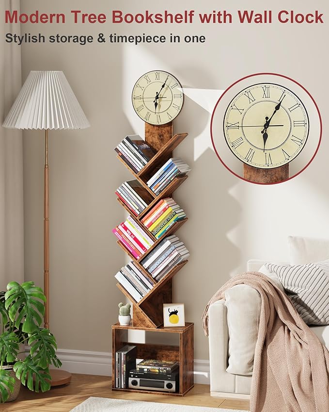 7 Tier Tree Bookshelf with Clock and Storage Cabinet, Small Narrow Floor Standing Bookcase for Bedroom, Living Room, Home Office, Rustic Brown