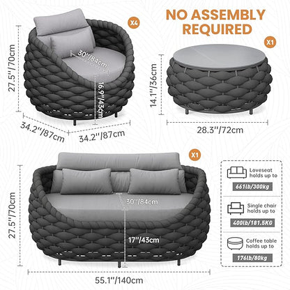 6-Piece Alumunim Outdoor Seating Set: All-Weather Patio Accent Furniture Sofa Set, Hand Woven Rope, No Assembly, Modern Garden Lounge Conversation Set for Backyard Deck Porch Poolside Hotel