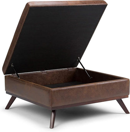 SIMPLIHOME Owen 36 inch Wide Mid Century Modern Square Coffee Table Storage Ottoman in Distressed Chestnut Brown Vegan Faux Leather, Assembled, for the Living Room, Entryway and Family Room