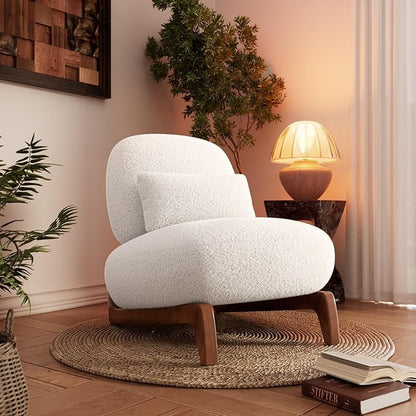 Morden Fort Cloud Boucle Chairs - Modern Accent Chairs Set of 2, Sturdy Tilted Wood Legs with Thick Cushion Comfy Lumbar Pillow Armless Reading Chairs for Living Room Lounge Bedroom - Off White