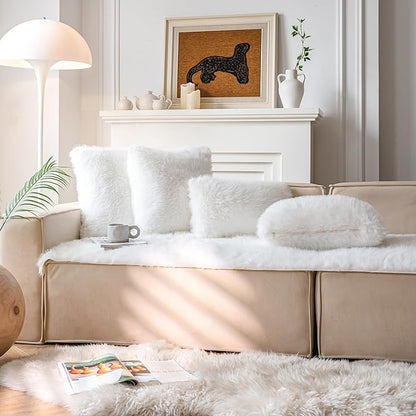 Neelvin Cream White Faux Fur Cozy Fluffy Double-Sided Decorative Throw Pillow Covers 16x16 inch Set of 2,Velvet Pillowcase Cushion Case for Sofa Couch