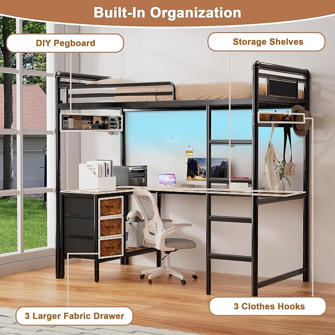 Twin Loft Bed with Desk, Gaming Bunk Bed with Stairs, Metal Loft Bed Heavy Duty Loft Beds for Adults, 3 Fabric Drawers, LED Lights & Charging Sation, No Noise & No Box Spring Needed, Black