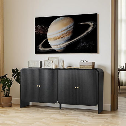 Fluted Sideboard Buffet Cabinet with Storage, 59'' Curved Buffet Cabinet with 4 Doors & Shleves, Modern Credenza Wood Coffee Bar Table Console for Dining Room Kitchen Living Room Entryway, Black