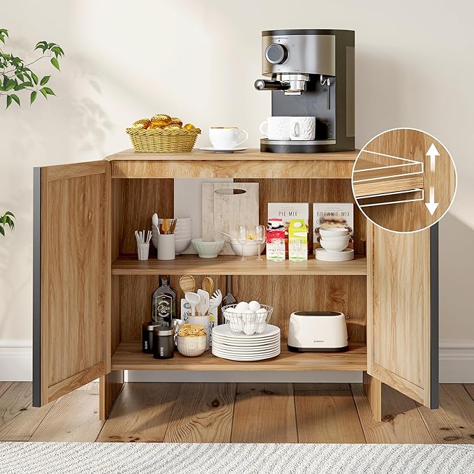 BERRYMERRY 2 Door Fluted Sideboard Buffet Cabinet with Storage, Modern Wood Cabinet with Adjustable Shelves for Living Room, Dining Room (Light Wood 4 Doors)