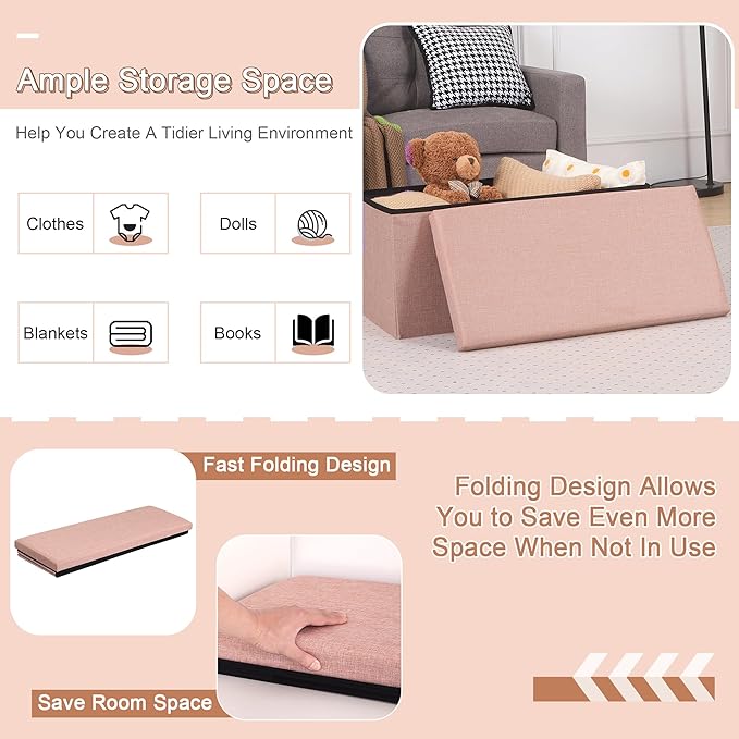 VECELO 30'' Folding Storage Ottoman Bench, End of Bed Linen Fabric Foot Rest Stool with Padded Seat, Large Footstools for Bedroom, Living Room, Load 550 lb, Pink