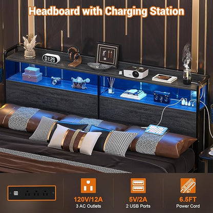 Aheaplus Headboard for King Size Bed Frame, Headboards with Outlets, USB Ports and LED Light, Head Board with Storage, Height Adjustable, Sturdy and Stable Headboard, King Size, Black Oak