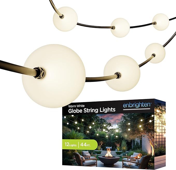 Enbrighten Globe Outdoor String Lights, 44ft, 12 Large 4in Round Bulbs, 2700K Warm White LED, Waterproof, Patio, Backyard, Garden, Pergola, Balcony, 84331
