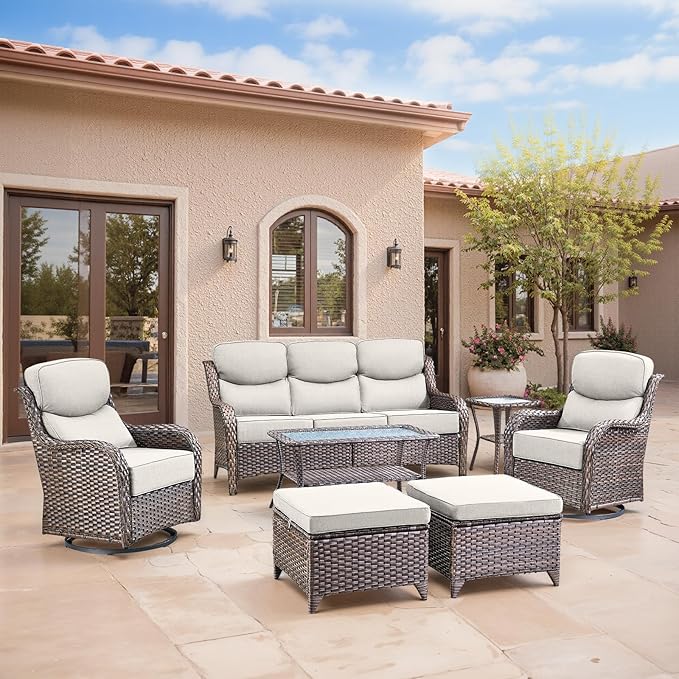 Swivel Patio Chairs sofa Set of 7 with 6" Thick Cushion - Wicker Outdoor Swivel Rocker Patio Chair ,Sofa/Glass coffee table, High Back Comfortable Outdoor Glider Chairs - Brown Wicker Beige Cushions