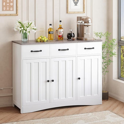 Gizoon Farmhouse Sideboard Buffet Cabinet, 42.5'' Kitchen Storage Cabinets with 3 Drawers and Barn Doors, Wood Coffee Bar Cabinet with Adjustable Shelf for Kitchen, Dining Room, Living Room, Grey